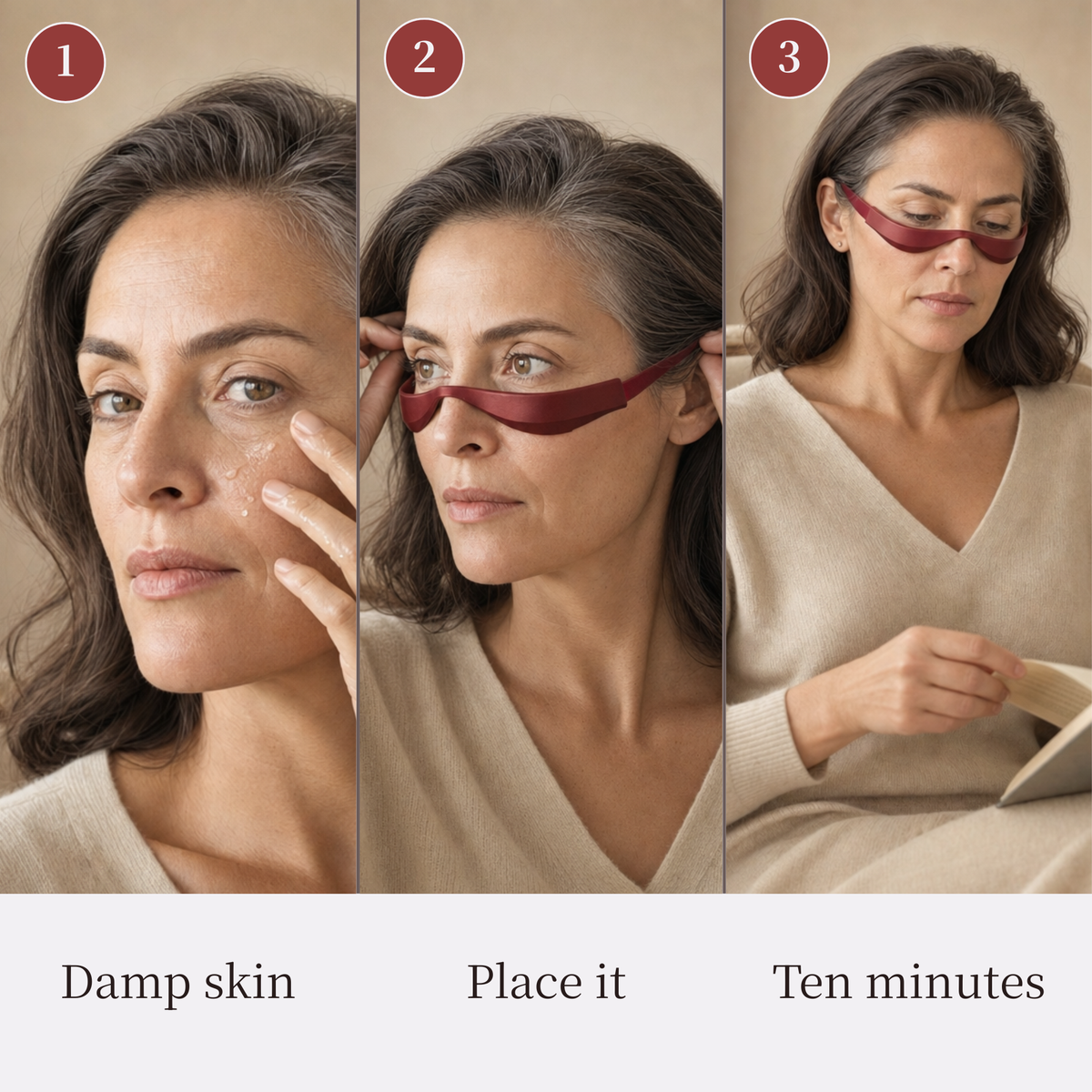 Three-panel instructional graphic showing a woman demonstrating a burgundy eye mask product. Step 1 shows damp skin, Step 2 shows the mask being placed over the eyes, and Step 3 shows the woman reading for ten minutes.